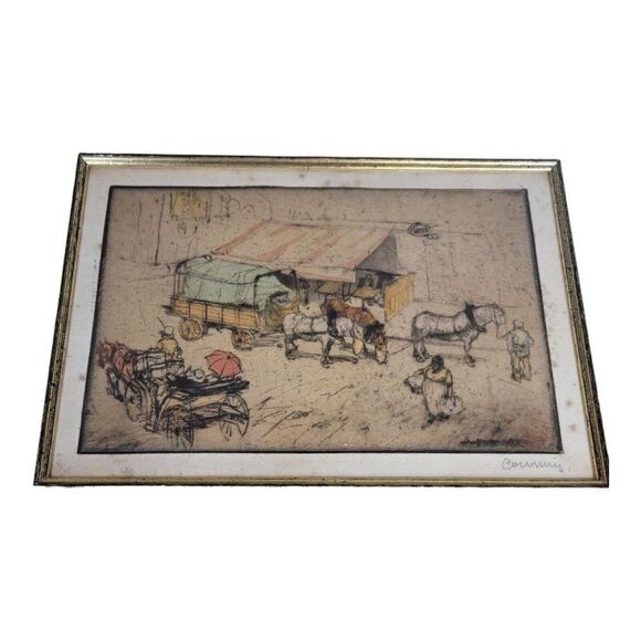 Armand Coussens Tinted Etching Print Signed Numbered Louvre French Covered Wagon - Picture 2 of 9